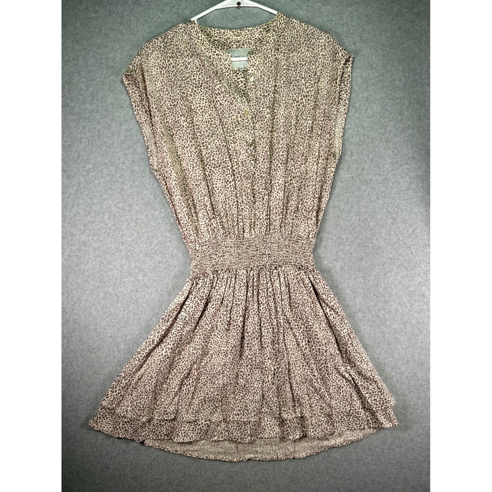 Rails Angelina Sand Cheetah Dress Womens Medium M Linen Smocked Tiered Mini